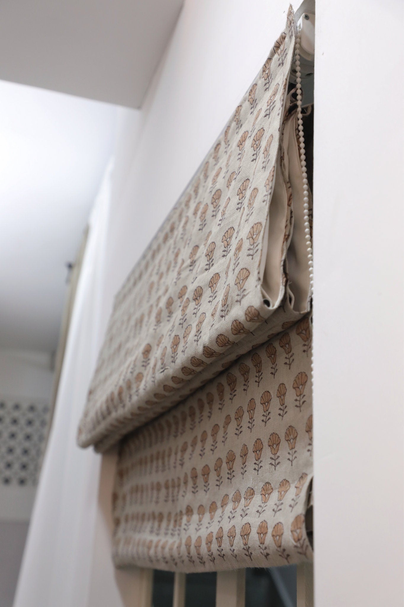 Hand Block Printed Boho Brown Floral Roman Shade in Pure Linen for Rustic & Modern Living Spaces - KOHINOOR