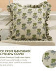 Block Printed Thick Linen Light Green Throw Pillow Cover - Manmohan