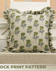 Block Printed Thick Linen Light Green Throw Pillow Cover - Manmohan