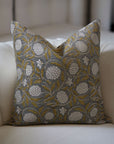 Floral Hand Block Printed Pure Linen Pillow Cover - Meraki - Gray and Green Colour