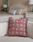 Block Printed Red and Gray Floral Thick Linen Frill Cushion Cover for Bedroom Decor - 6 Kamal