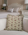 Handmade Block Printed Floral Premium Thick Linen Maroon and Grullo Floral Frill Pillow Cover - Aradhana