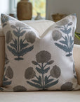 Handblock Printed Boho Floral Blue Cushion Cover Thick Cotton White - Badshah