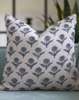 Gray and Blue Floral Handcrafted Couch Cushion Cover in OFF White Linen - Ganda Pushp