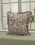Indian Handmade Throw Brown Floral Designer Block Printed Thick Cotton White Frill Pillow Cover - Kundanvan