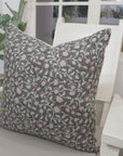 Handmade Throw Floral Green & Brown Block Printed on Pure Linen Pillow Cover for Farmhouse Decor - Himachal