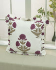 Handmade Block Wine and Green Floral Printed on Thick Cotton White Frill Pillow Cover - Badshah