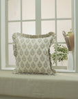 Block Printed Floral Handmade House Decor in Beige & Gray Duck Canvas Frill Pillow Cover - Neelgagan