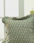 Handmade Block Floral Printed Green & Beige Couch Frill Pillow Protector/Cushion in Pure Linen - Tulsi Buti