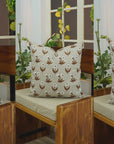 Handmade Block Patterned Print in Spanish Gray & Brown Elegant Floral Thick Linen Cushion Case - Kirti