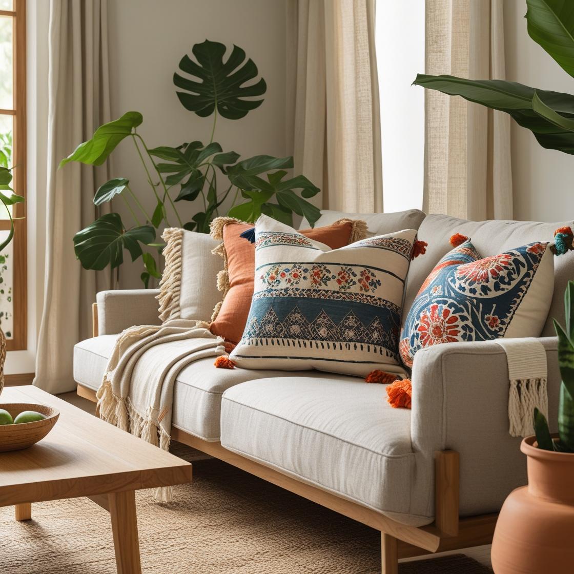 Handmade patchwork pillow covers in warm neutrals and jewel tones styled on a modern USA living room sofa, 2025 trend