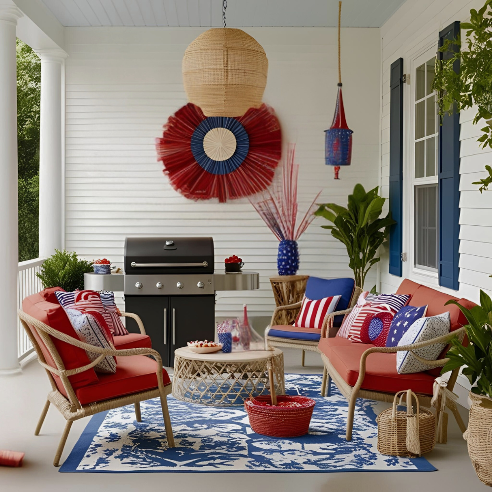 An artistic and vibrant 4th of July home decor scene, blending traditional patriotic colors .