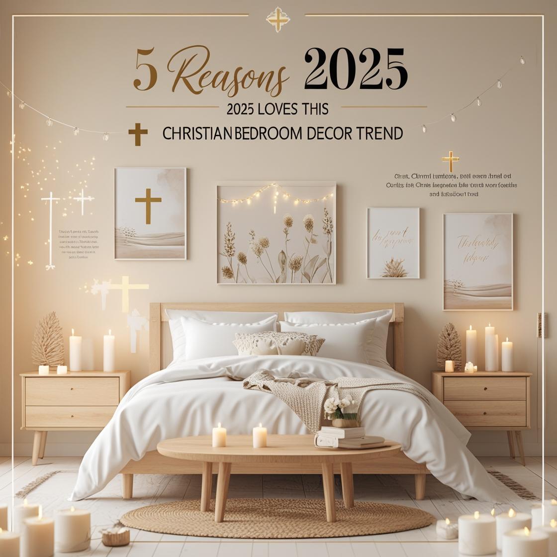 5 reasons 2025 loves Christian bedroom decor, featuring cozy white bedding, wooden furniture, decorative crosses, and warm lighting.