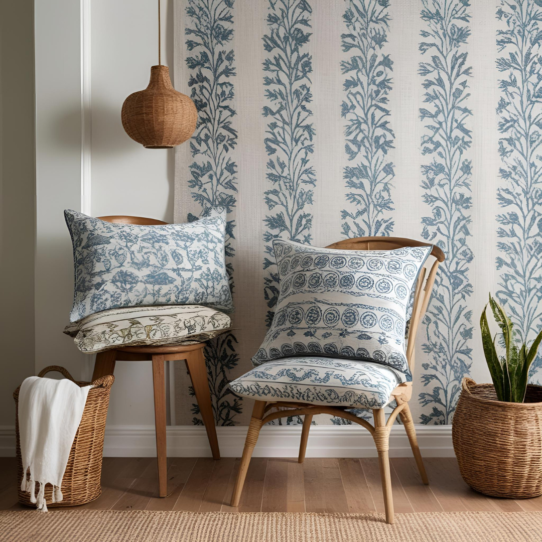 The wallpaper has a repeating pattern with symmetrical design elements, creating an elegant look.