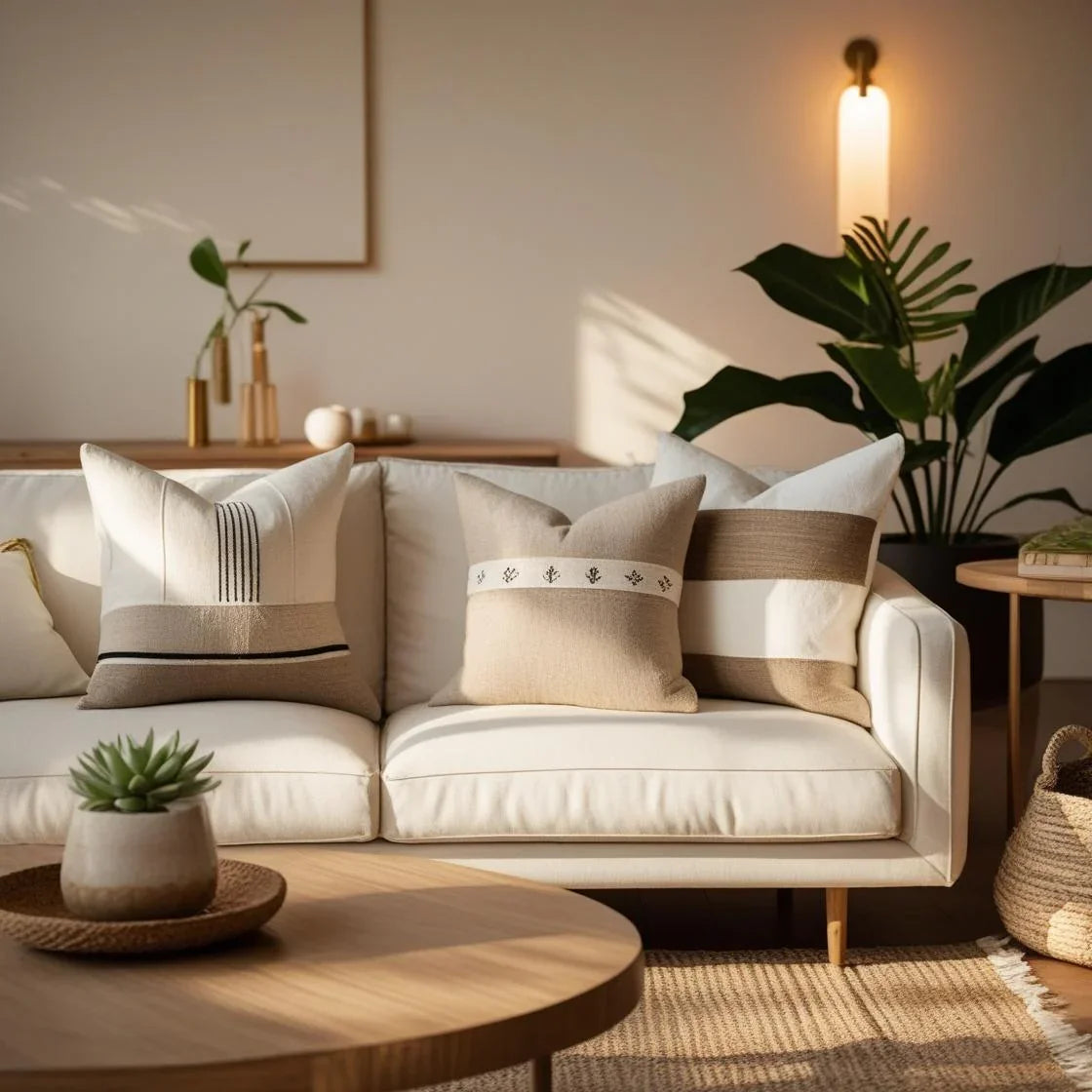 A beautifully styled 2025 American living room with a cream linen couch topped with neutral-toned lumbar throw pillows in beige, taupe, and soft white.