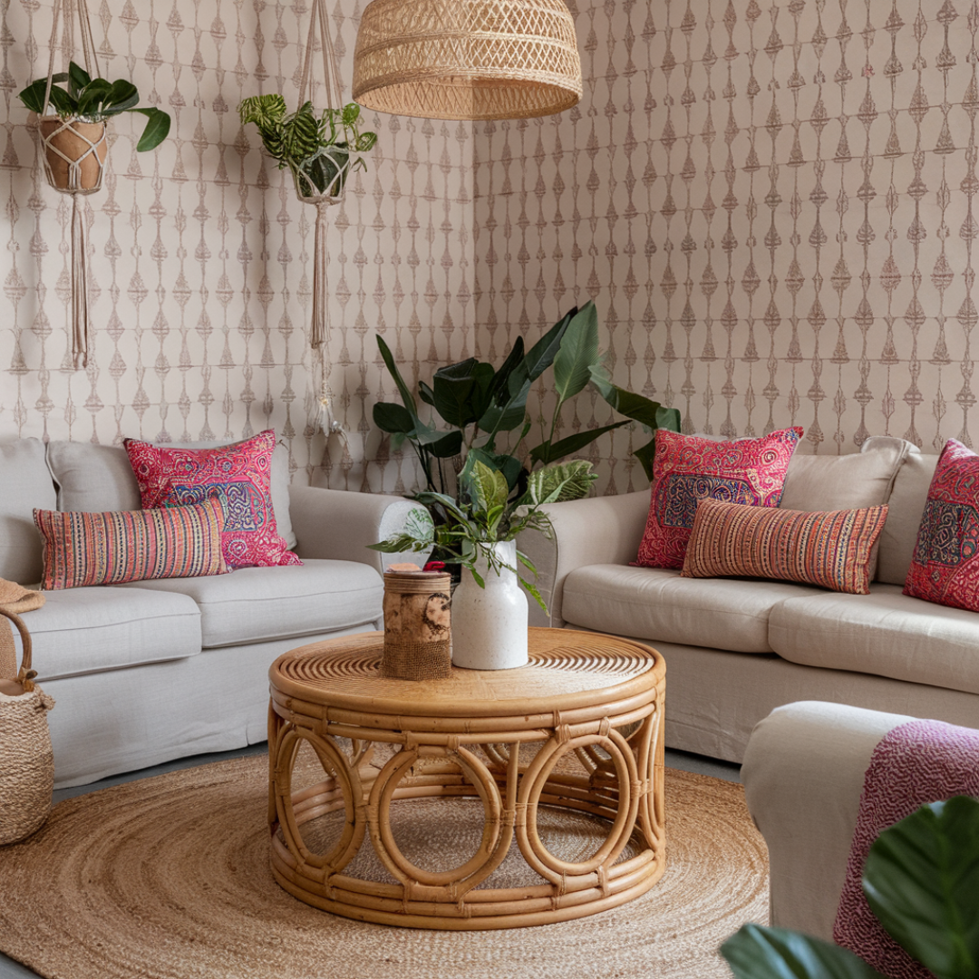 A photo of a boho-chic living room with a rattan coffee table, block print wallpapers, and neutral linen sofas