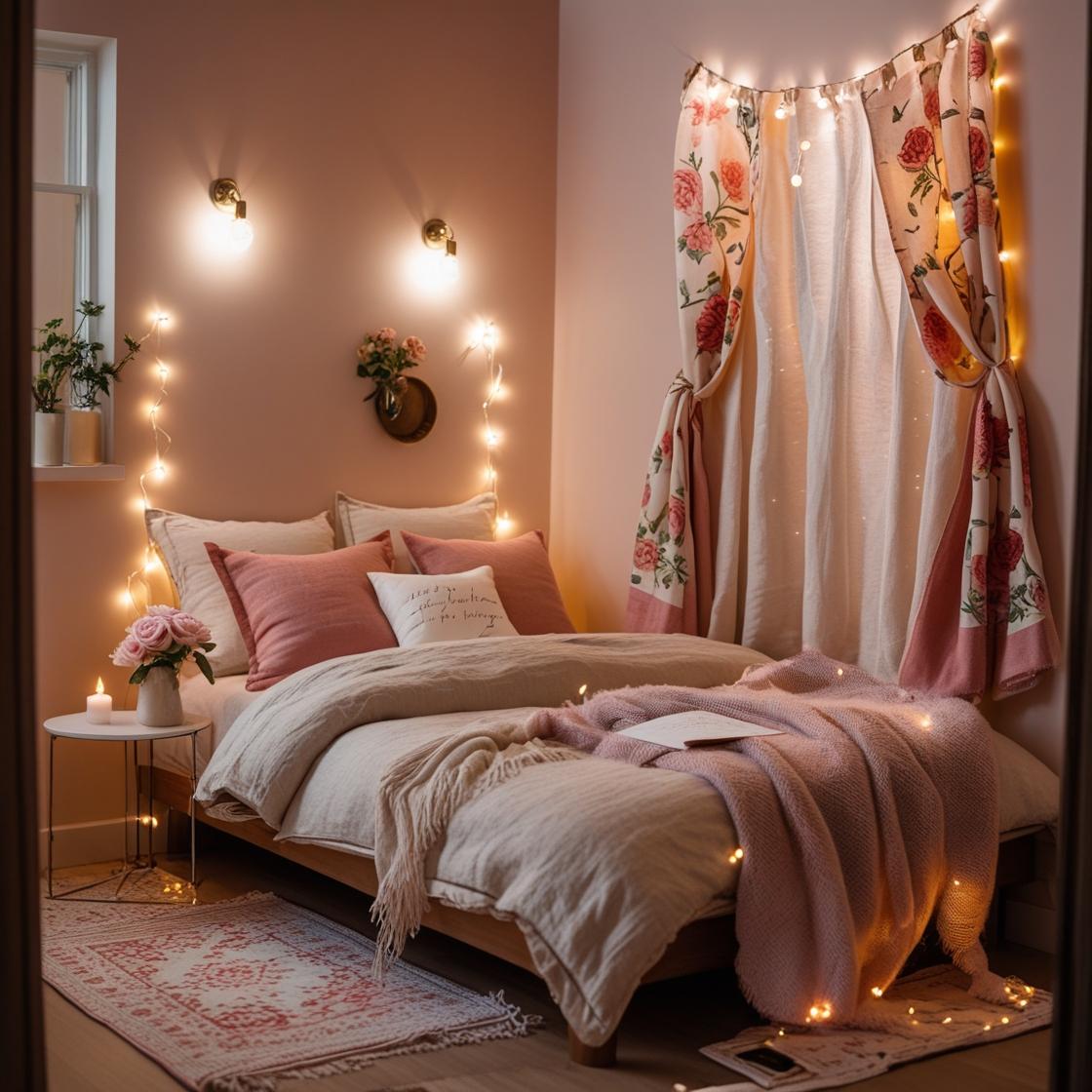 A charming and intimate small bedroom setup designed for couples—soft ambient lighting from string fairy lights and wall sconces, blush and warm beige color palette.
