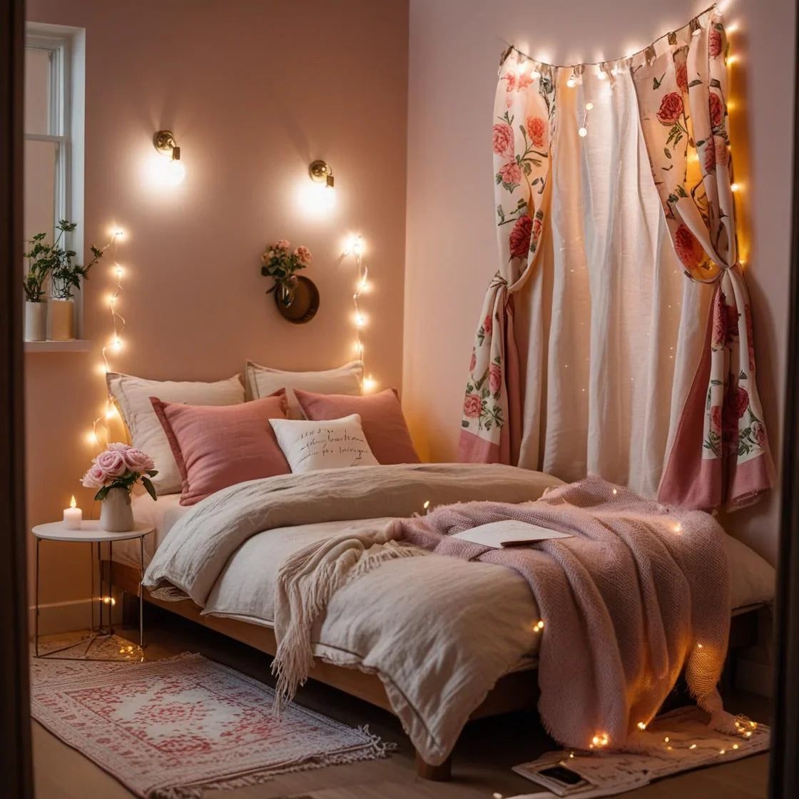 A charming and intimate small bedroom setup designed for couples—soft ambient lighting from string fairy lights and wall sconces, blush and warm beige color palette.