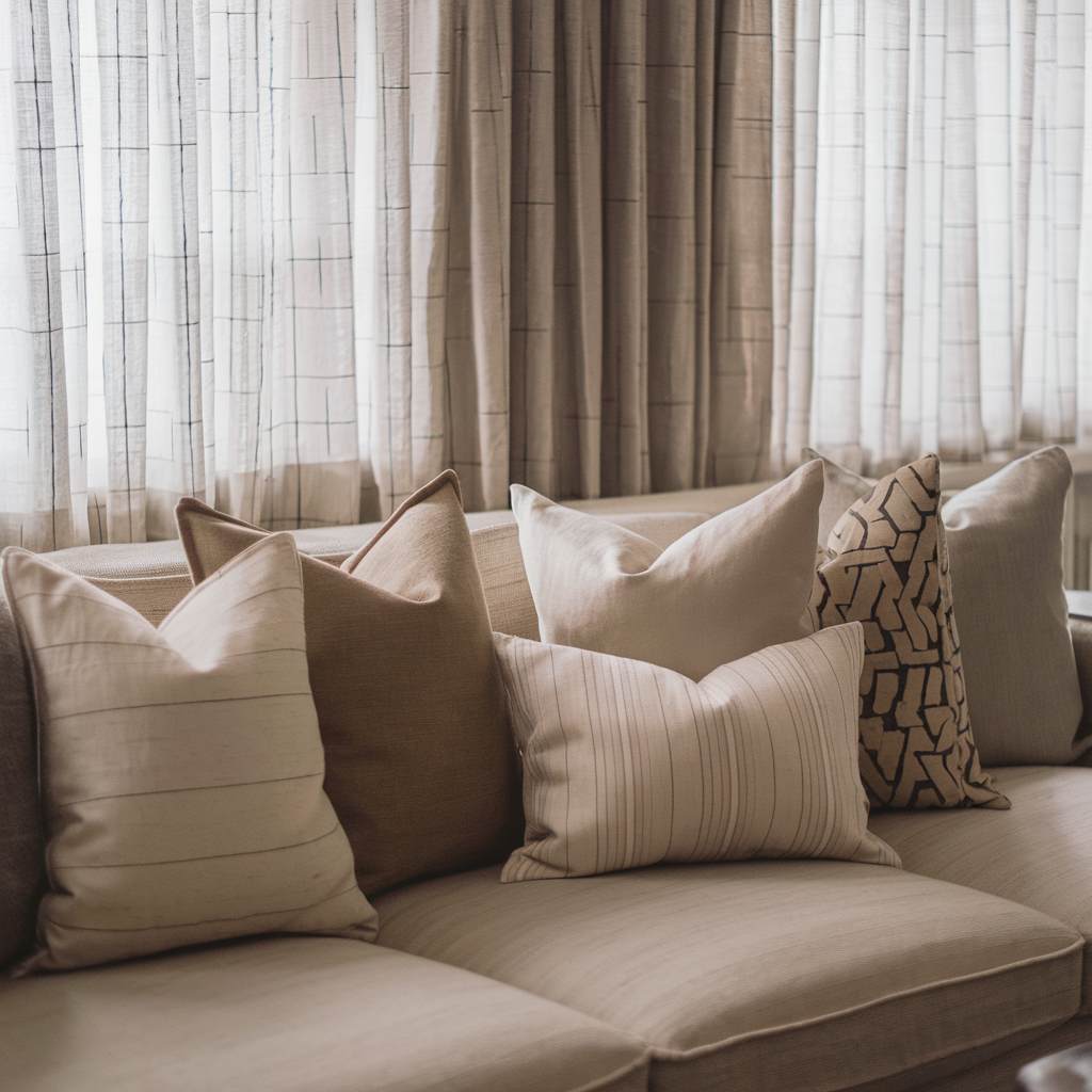 A photo of a contemporary living room with a neutral-toned sofa. The sofa is adorned with linen accent pillows in varying sizes and textures, including solid colors and block print patterns