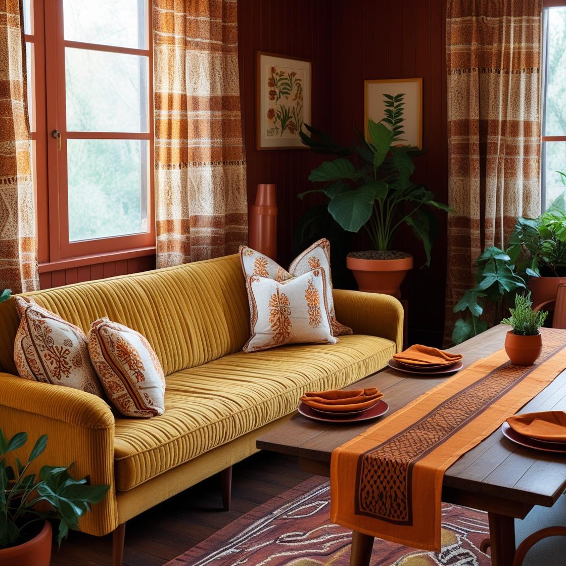 Cozy retro-inspired living room featuring 70s block print pillow covers, vintage curtains, and dining table decor