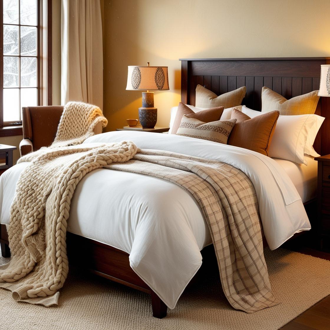 A cozy, well-layered American bed in a warmly lit bedroom.