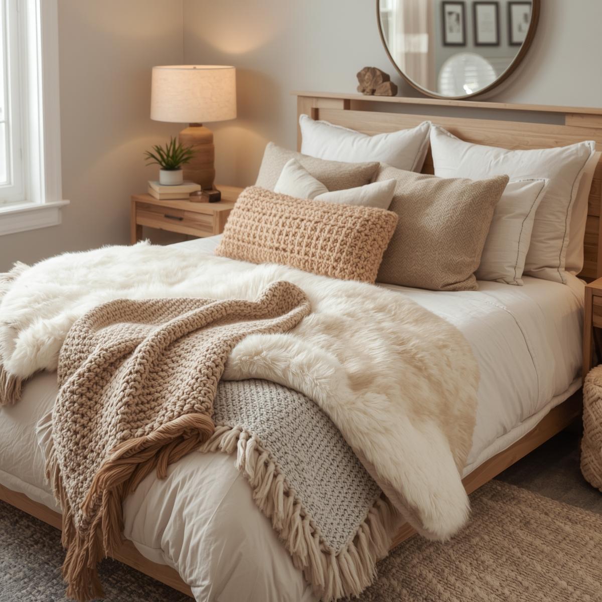zy budget-friendly bedroom with layered textures, knitted throws, faux fur blankets, and soft neutral cushions in cream, beige, and gray tones