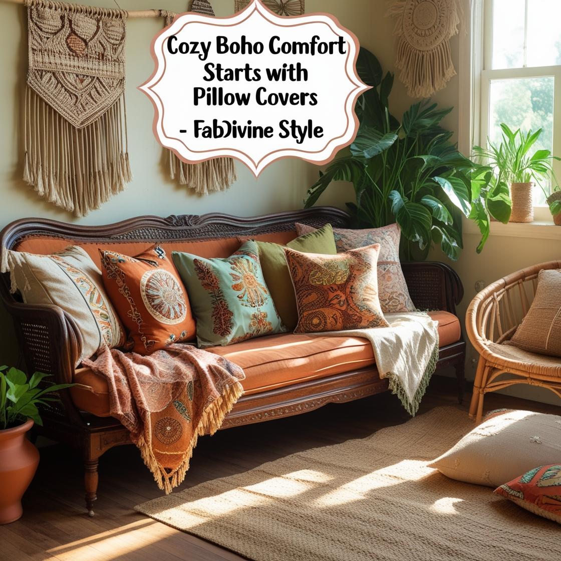 A cozy boho-inspired living room styled with layered block-printed pillow covers in earthy tones and eclectic patterns. Cushions on a vintage sofa, soft lighting, warm textures.