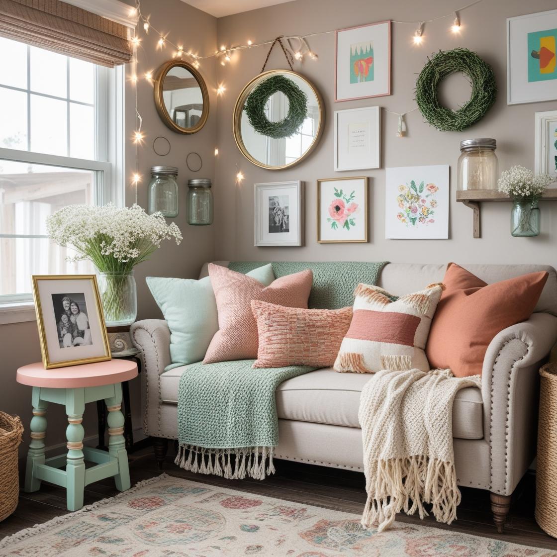 Budget bedroom makeover with DIY painted mirror reflecting natural light and floating shelves decorated with plants and candles.