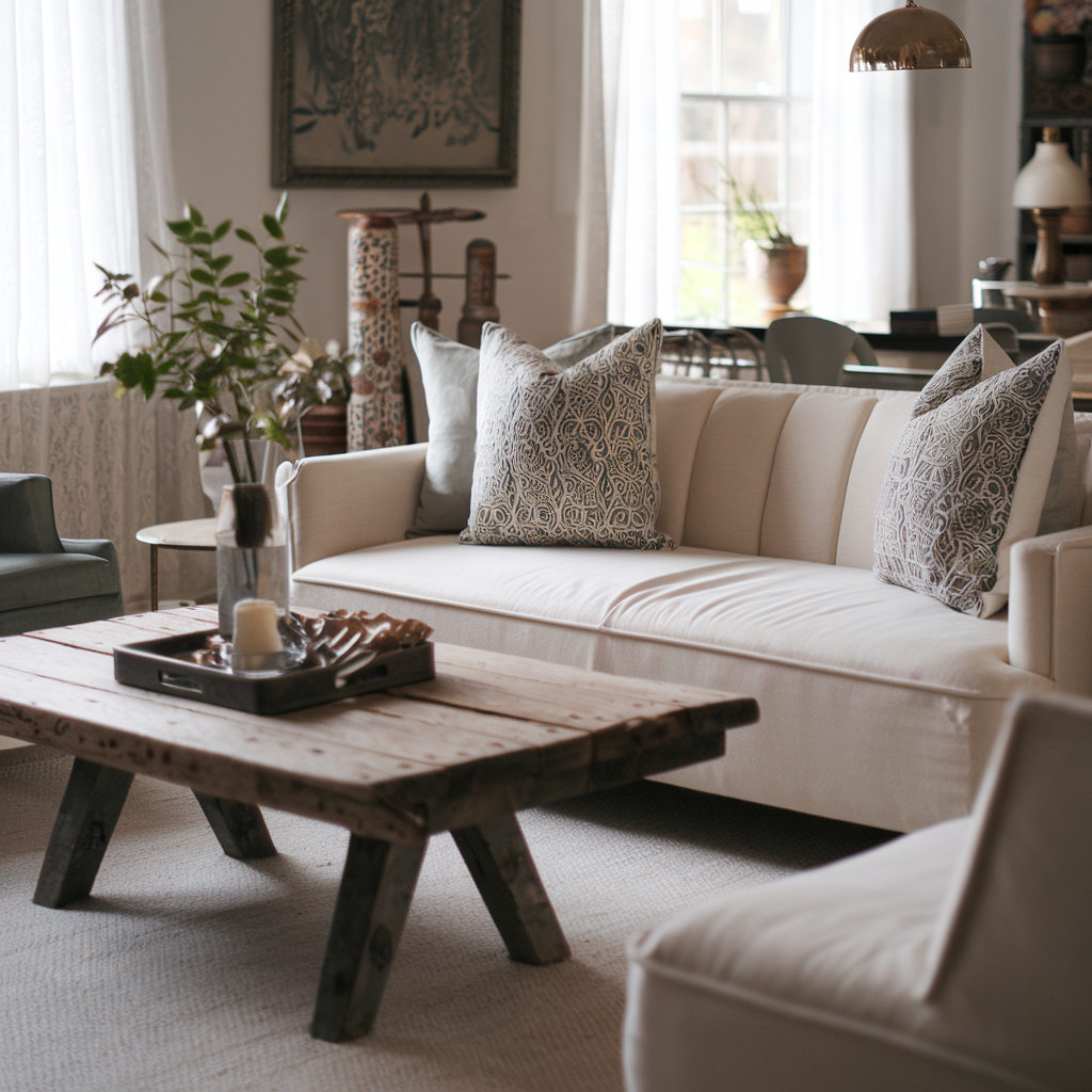 A photo of a cozy living room blending vintage and modern elements. There is a reclaimed wood coffee table paired with a sleek, minimalist sofa. The sofa is adorned with block-printed pillow covers