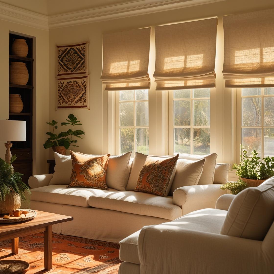 A cozy, sunlit living room with a warm, inviting ambiance. Handcrafted block print pillow covers in earthy tones are placed on a linen sofa.
