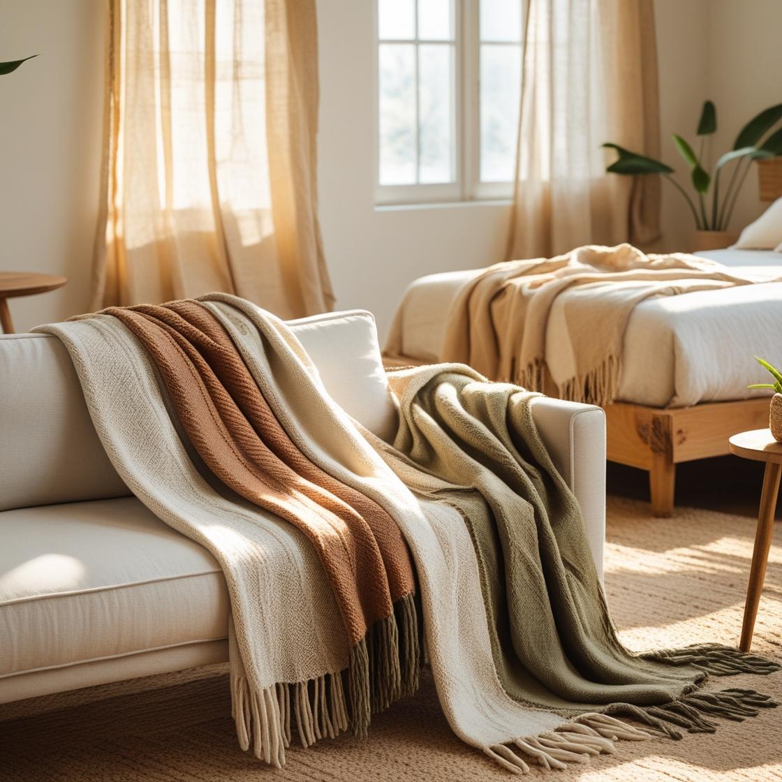 cozy, modern living space in 2025 with a minimalist aesthetic and warm neutral tones. A handwoven artisanal throw blanket from Fabdivine is draped elegantly over a linen sofa.