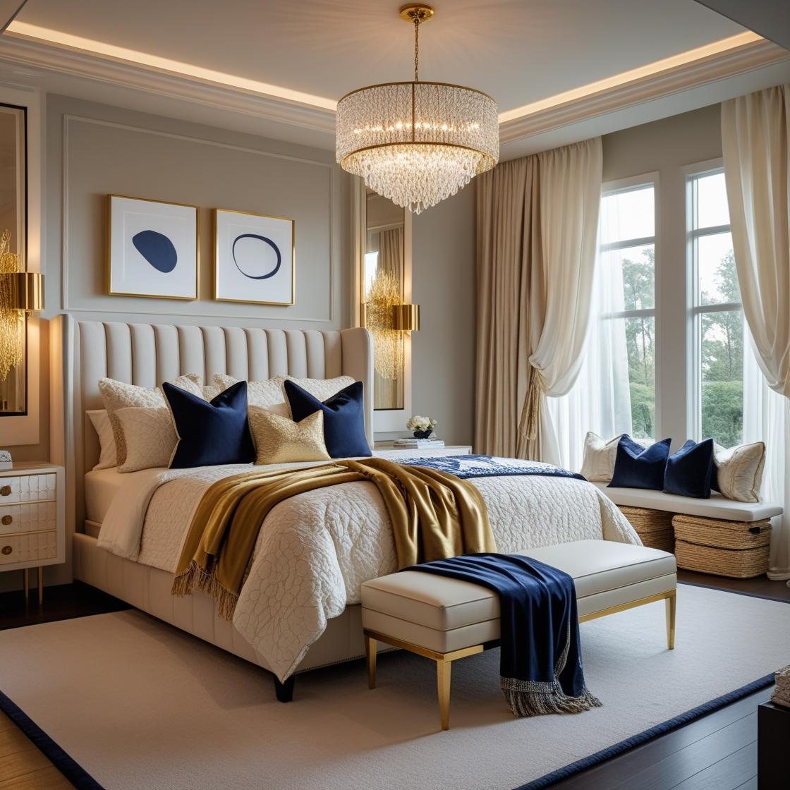  high-end statement bed with down-filled duvet, blush and white layered bedding, custom block print pillow covers.