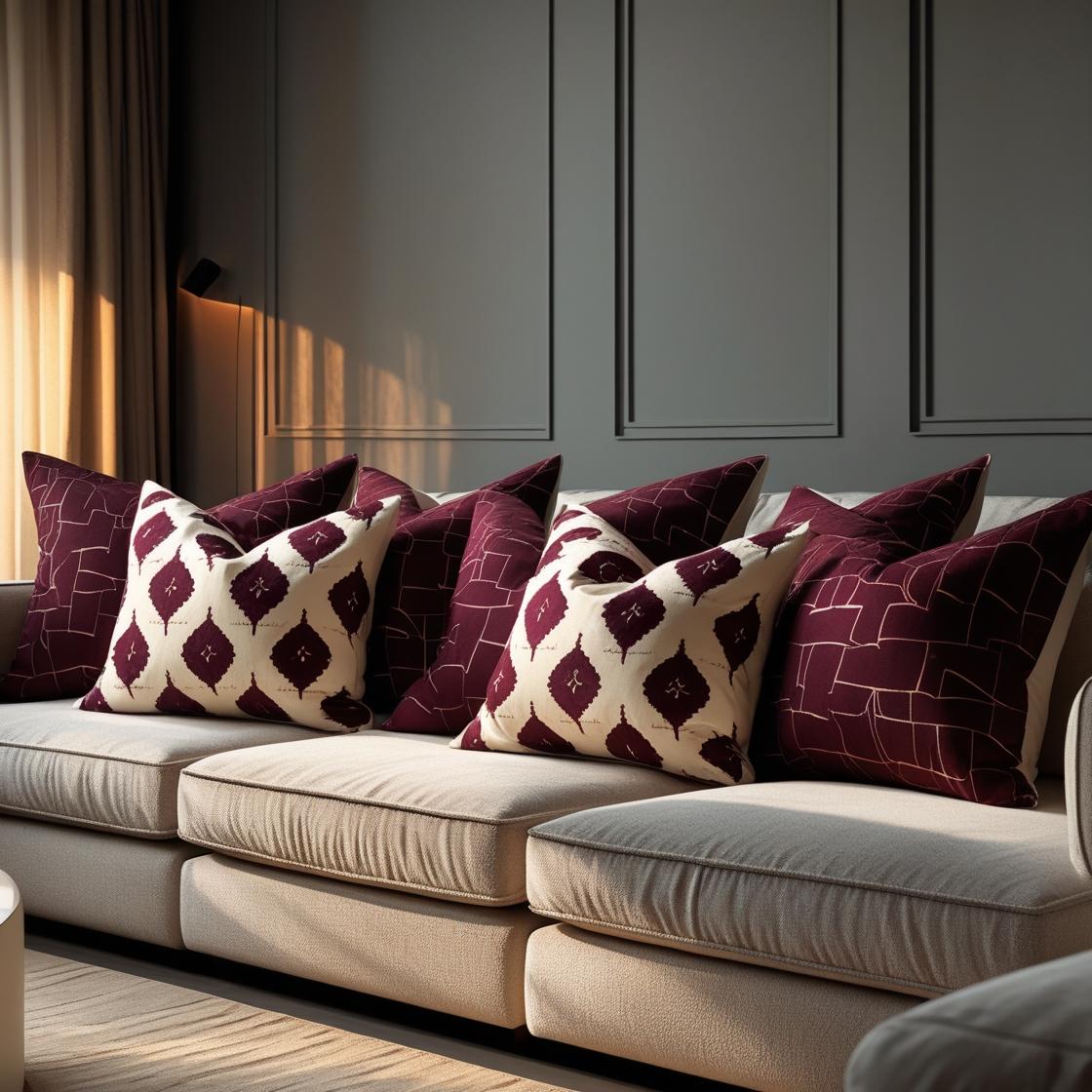 A cozy modern couch styled with rich burgundy and soft linen cushion covers, surrounded by matching Fabdivine curtains and artisanal décor pieces like block-printed lampshades and table accents.