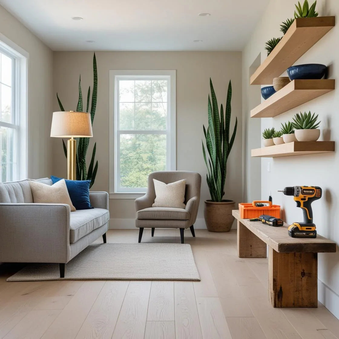 A modern American home interior scene showcasing a stylish living room with a blend of decor and utility—elegant sofa with throw pillows, a cozy reading lamp.