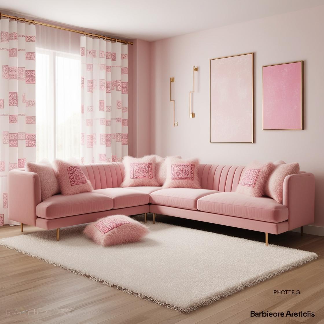 A modern American living room designed in Barbiecore style — predominantly soft and bold shades of pink, with a mix of blush, fuchsia, and pastel pink tones.