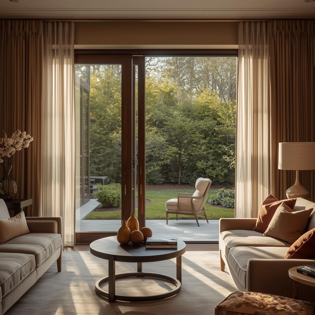 Modern living room with sliding glass doors and layered curtains, sheer panels with heavy drapes, letting natural light in