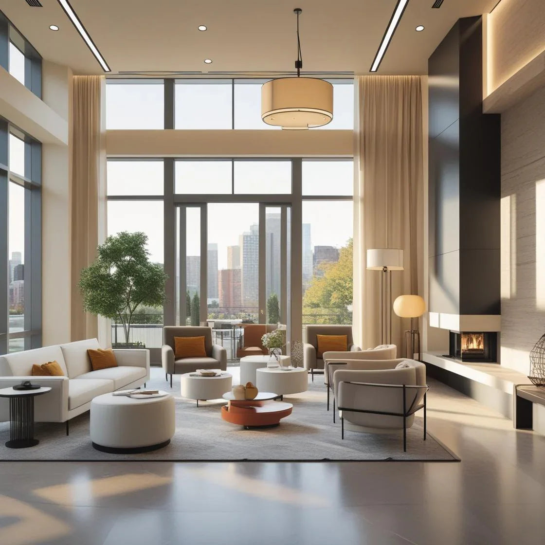 A modern American living room seamlessly blending high-end commercial interior design elements — sleek office-style furniture, luxurious hotel-inspired lighting, cafe-like seating.