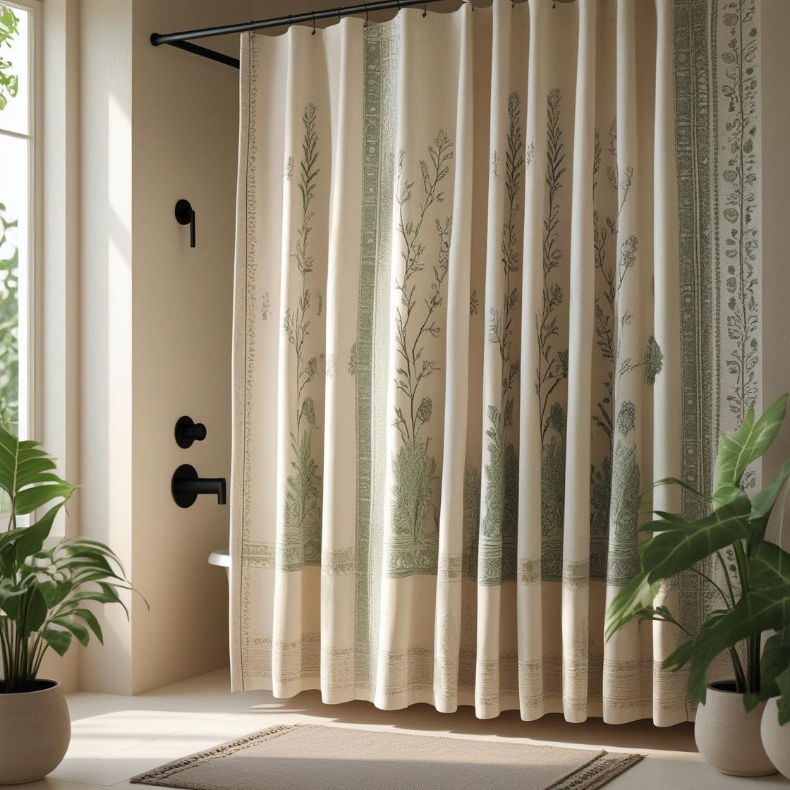 A modern minimalist bathroom styled with elegant, decorative curtains. The bathroom is clean and airy with soft natural light. The shower curtain is the focal point.