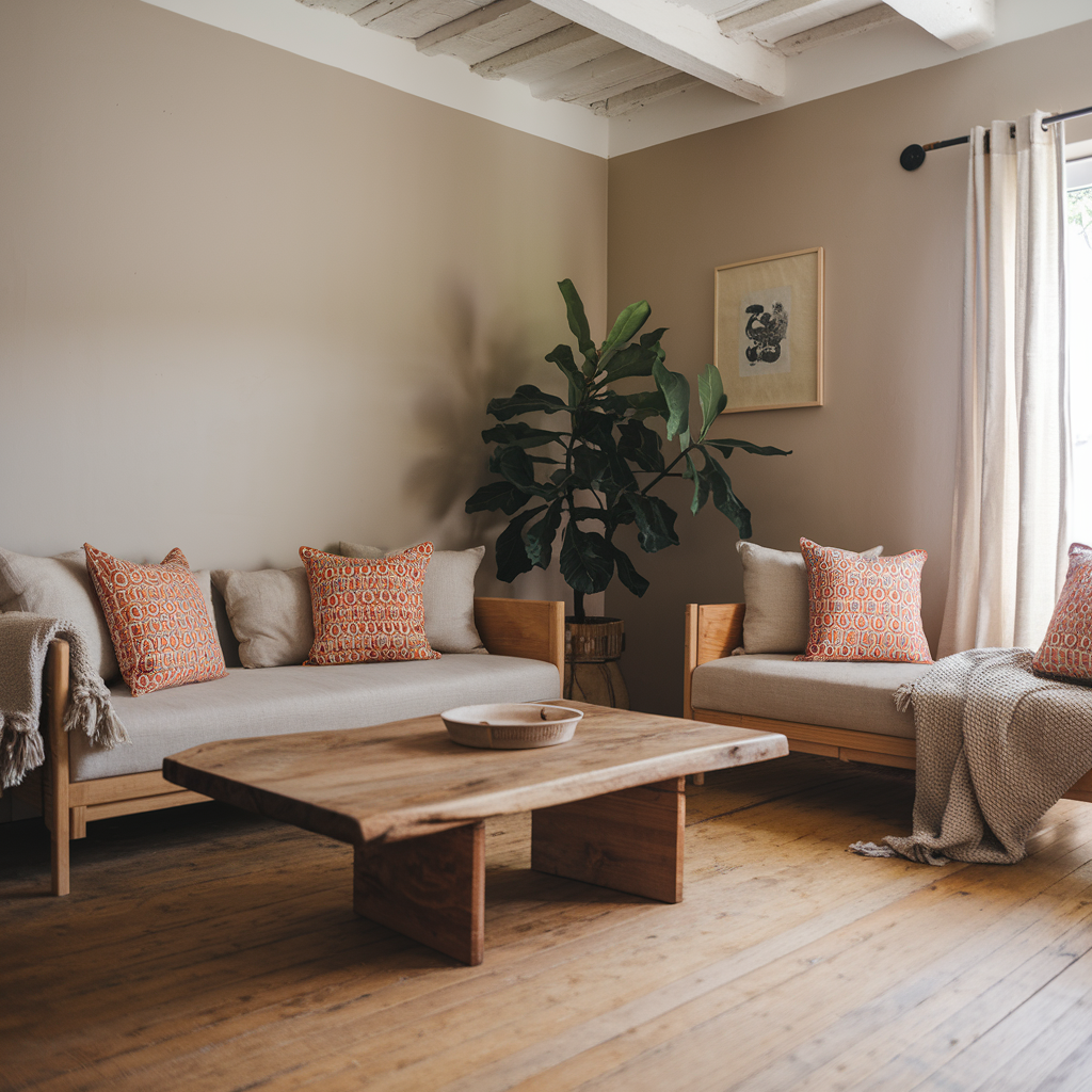 A modern rustic living room with a design detox. The room has a wooden floor, a beige sofa with chunky linen throws, and traditional block-printed cushions in orange and blue. 