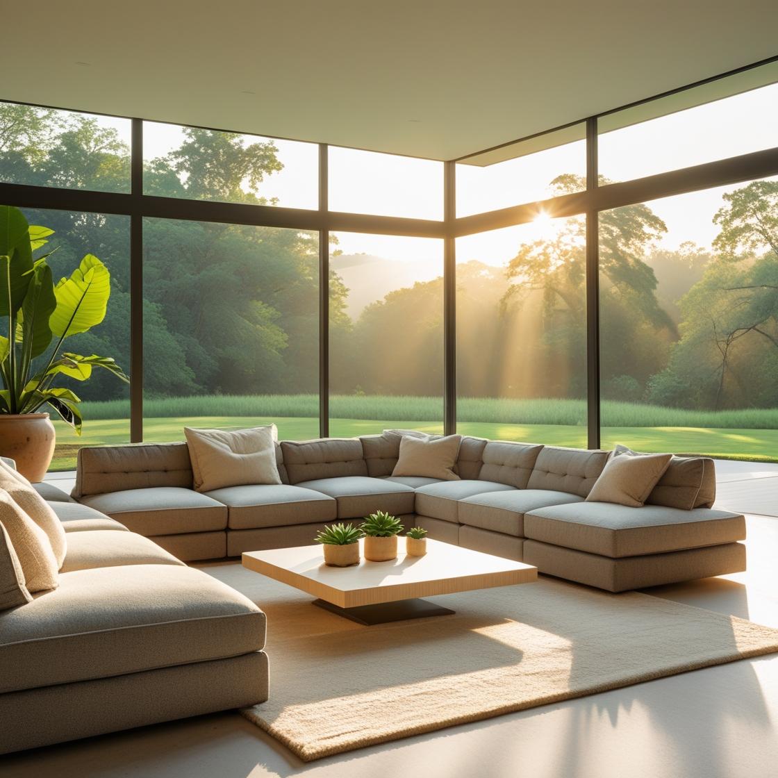 A modern, spacious living room with floor-to-ceiling glass windows offering a panoramic view of a serene green landscape. Inside, a large, modular gray sectional sofa.
