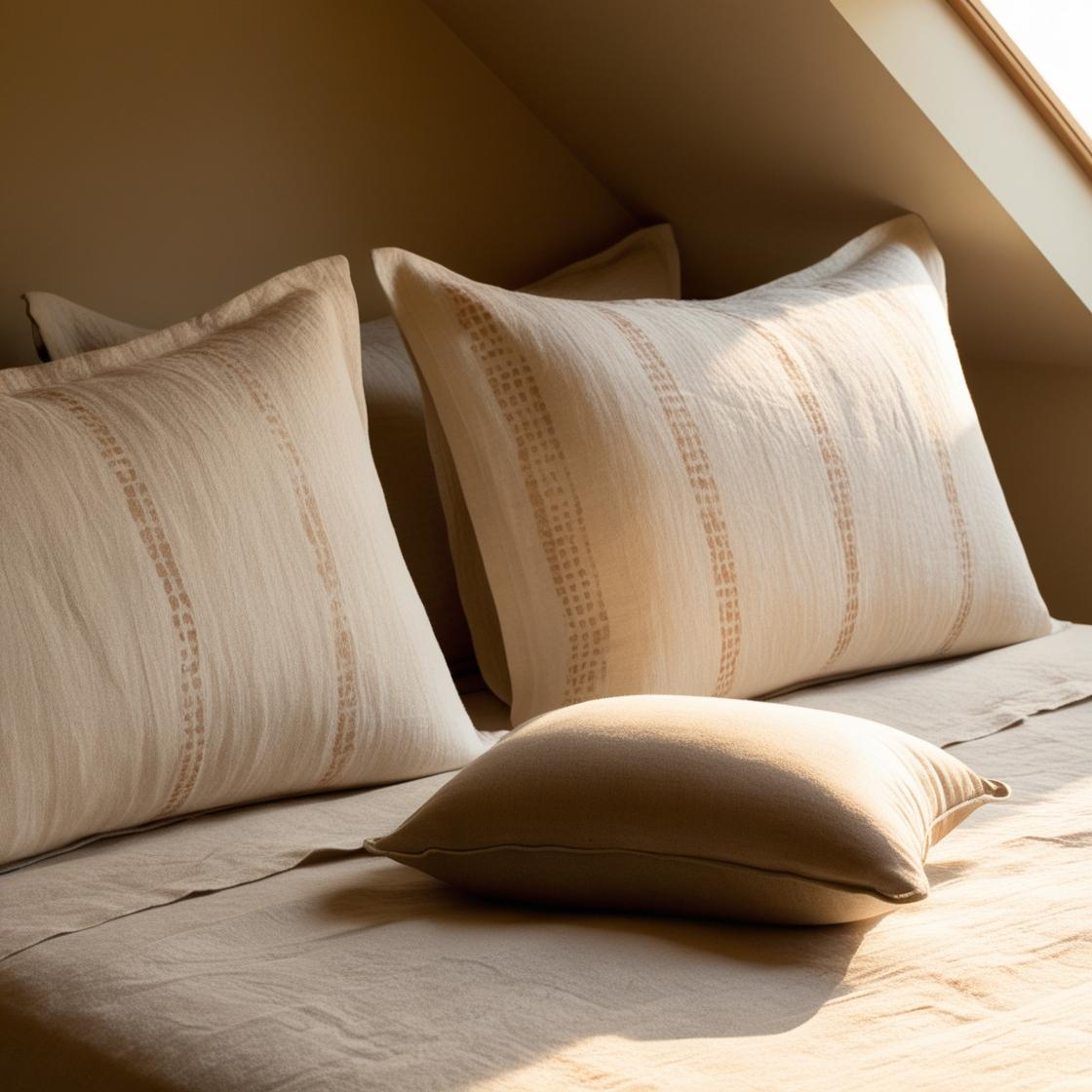 A neatly styled bed with pure linen pillow covers in soft natural tones, showing texture and breathability.