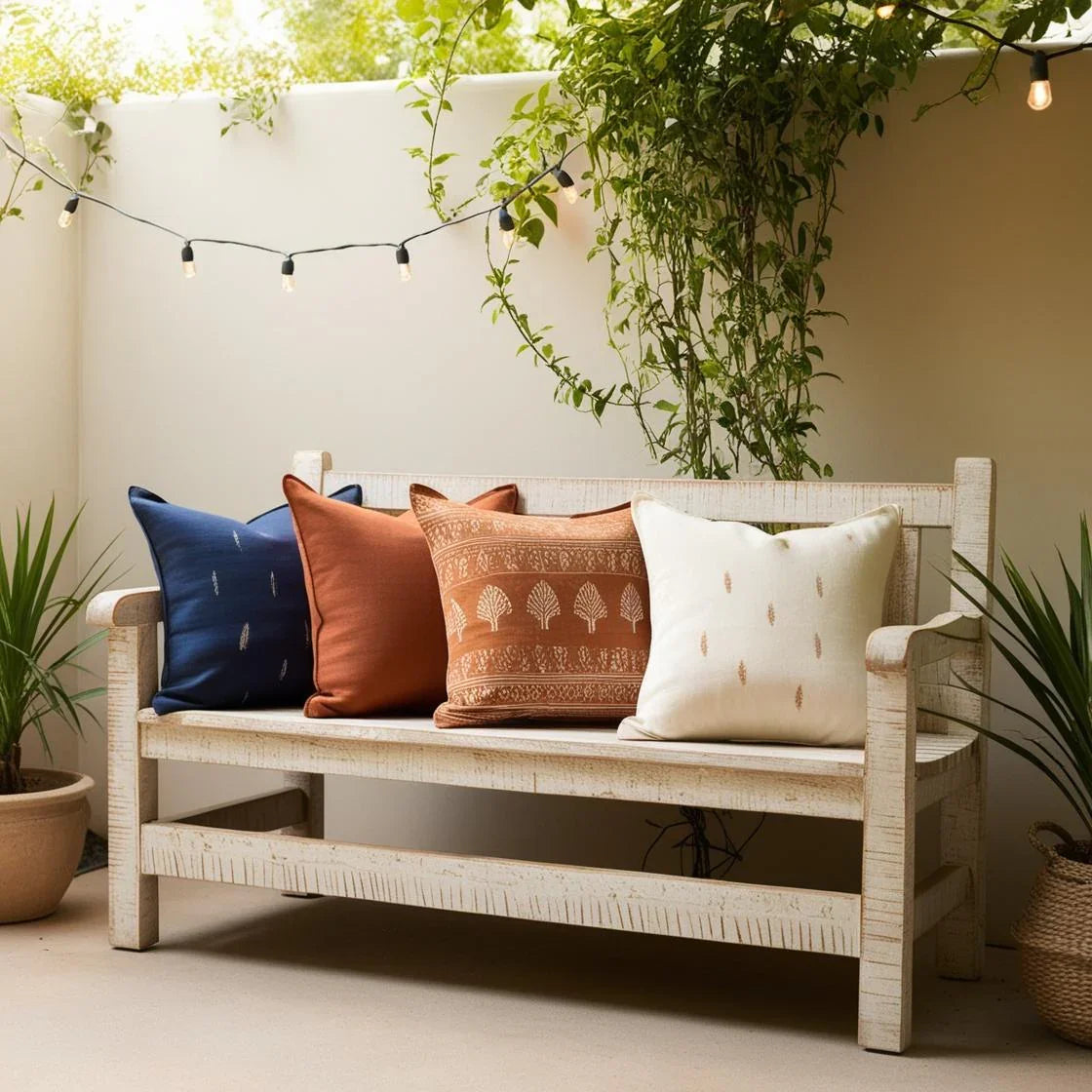 A peaceful backyard patio with natural light, featuring a simple, cozy seating area. The main focus is on soft block printed pillow covers .