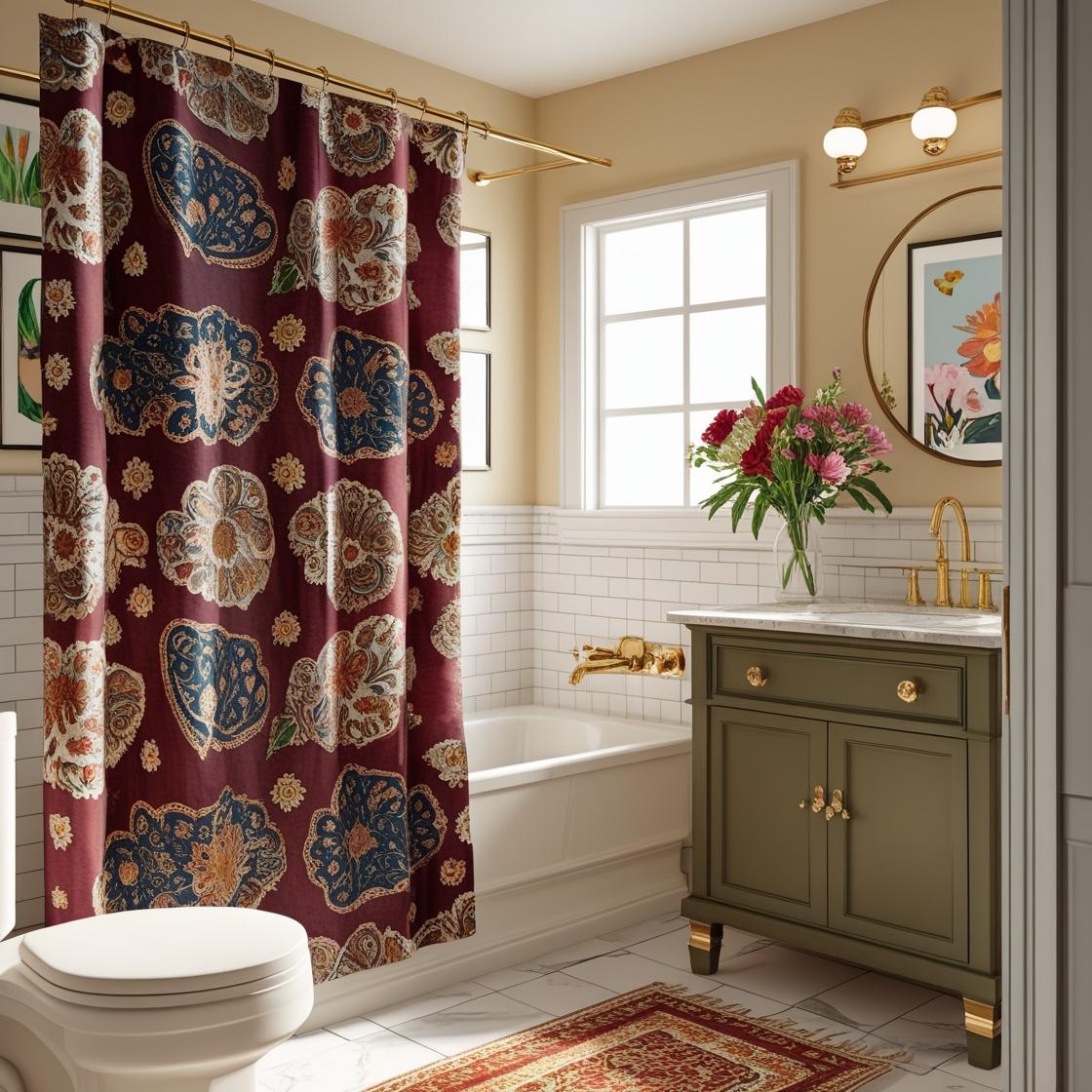 A realistic, warmly lit bathroom with a white tiled bathtub and golden fixtures. Replace the plain white shower curtain with a traditional Indian block printed curtain