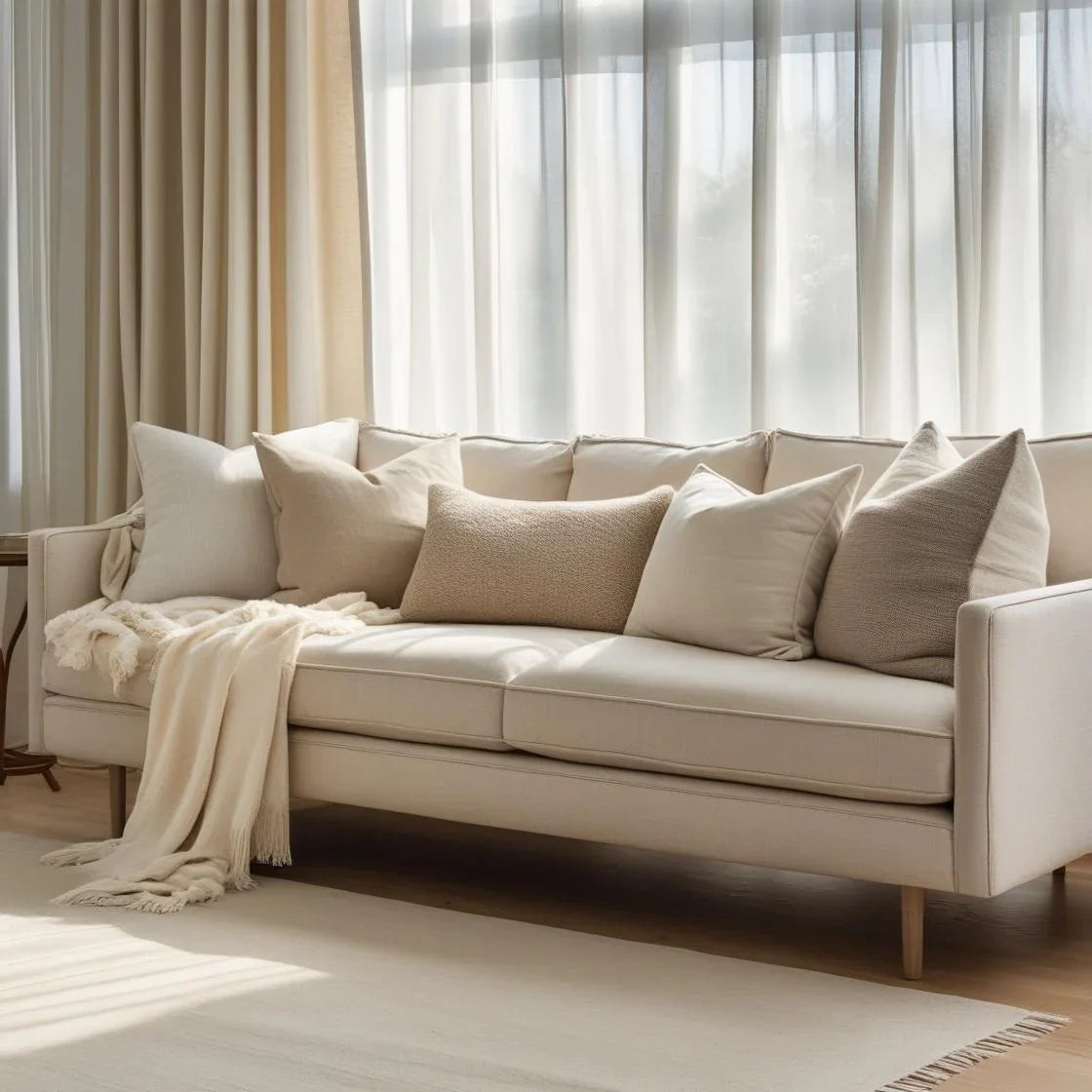 A stylish American family room with deep-seated sectional sofas in neutral tones, featuring plush 20-inch throw pillow covers.