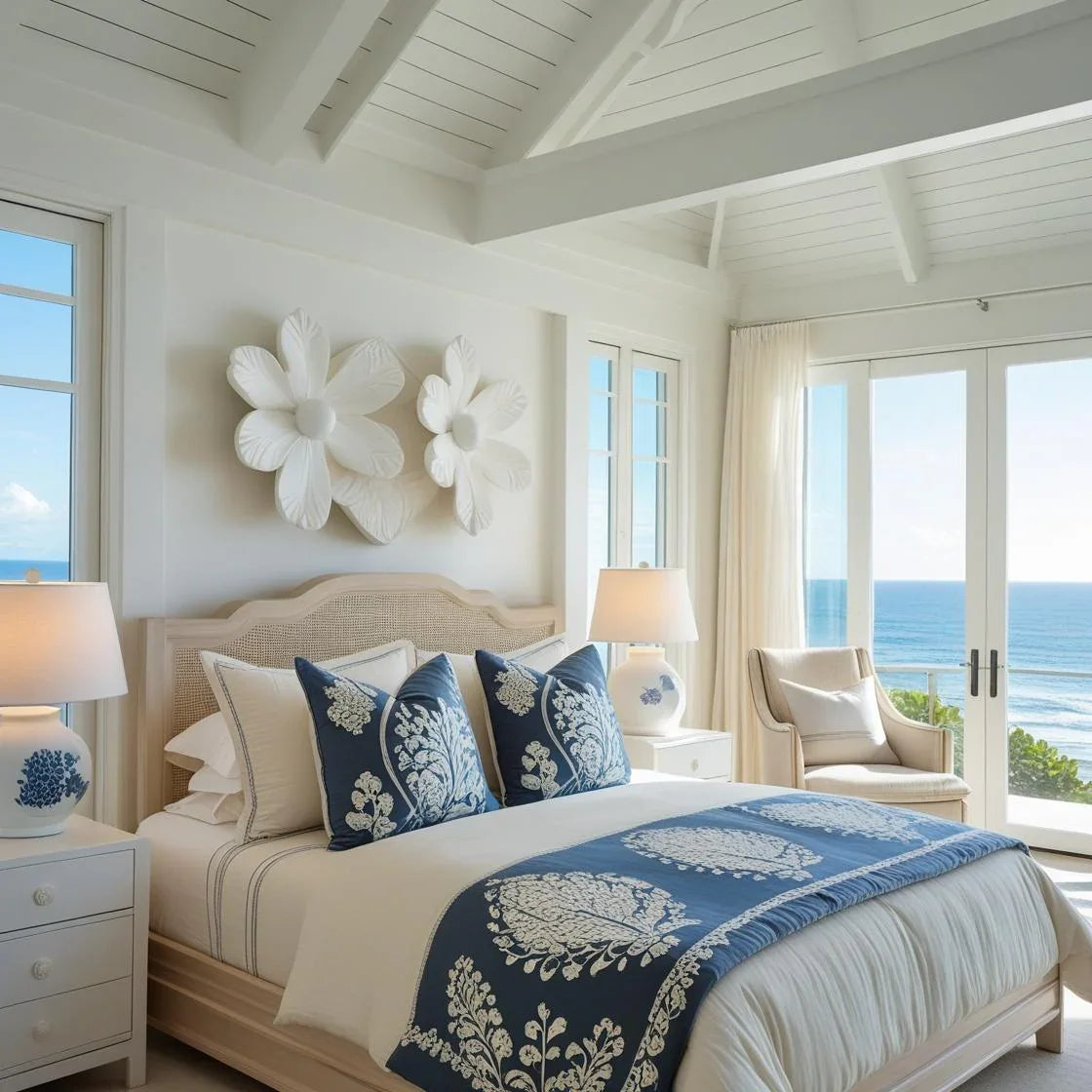 A serene, coastal-inspired bedroom with light wood furniture and soft neutral tones. The bed is made up with a cream and muted blue comforter, styled with artisan-made block printed pillow shams.