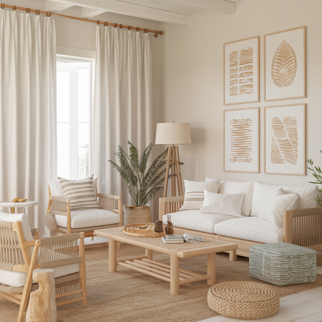 A serene coastal living room with soft beige tones, natural wood furniture, and ocean-inspired textures, including handmade art block prints