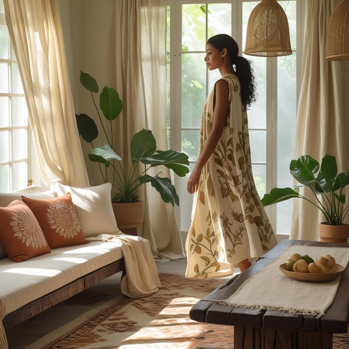 A serene, sunlit living room styled with artisan-made décor: block printed pillow covers in earthy tones, flowing linen curtains.