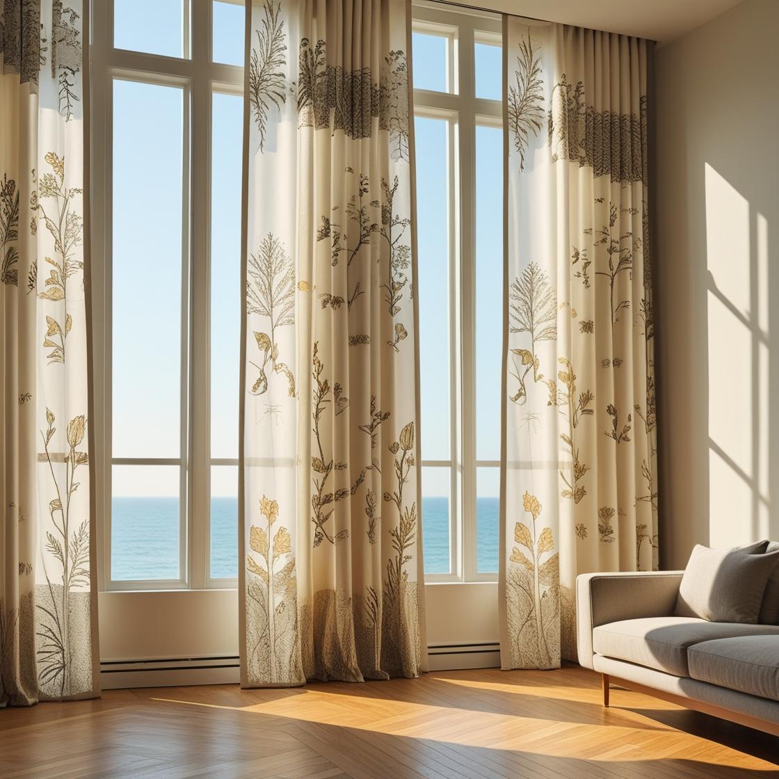 living room styled with extra-long, block-printed curtains from Fabdivine. The curtains hang just below the ceiling line, emphasizing vertical height and elegance.