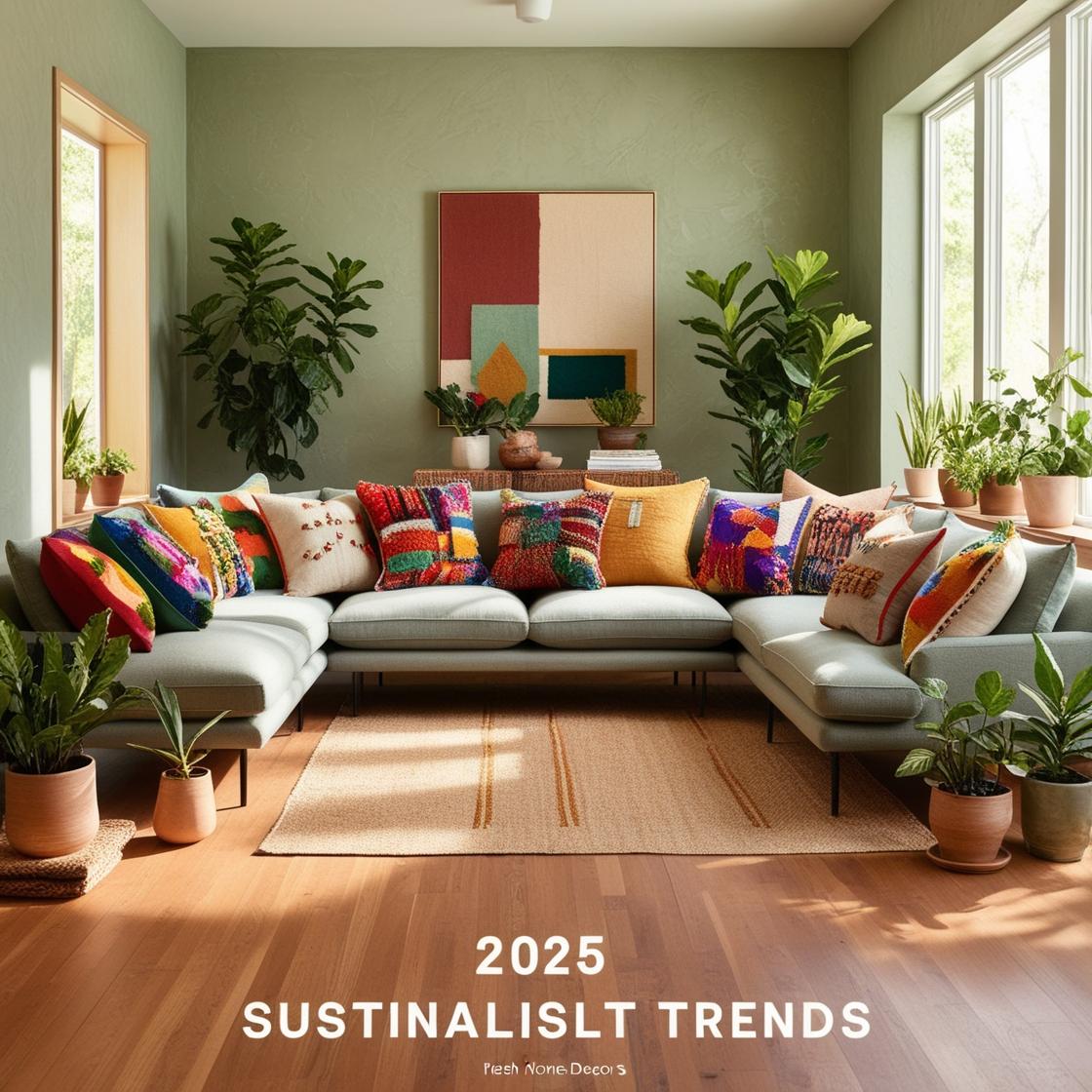 A serene, modern boho living room featuring a neutral-toned sofa adorned with an assortment of throw pillows in earthy hues like terracotta, sage green, and oatmeal.