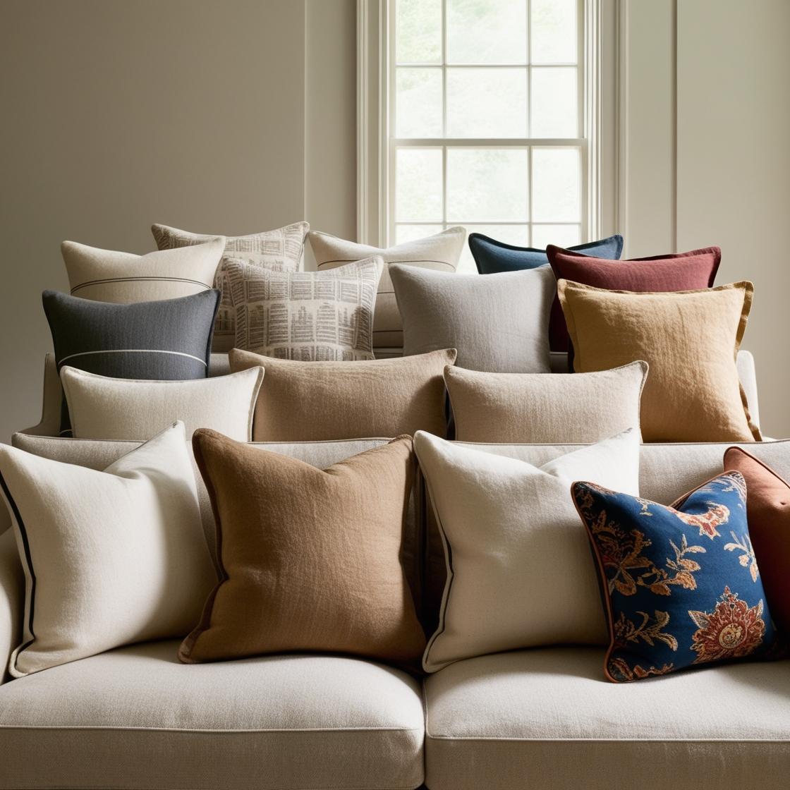 A cozy living room scene showcasing different sofa types with varying pillow sizes to illustrate proportion.